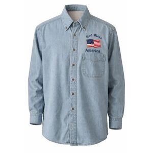 Denim Shirt “God Bless America” Embroidered Flag Patriotic USA Vintage Style